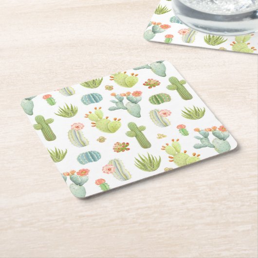 かわいいサボテンの永続的なパターン スクエアペーパーコースター (アングル)
