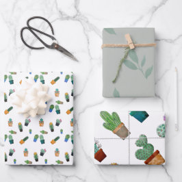 かわいいサボテンの緑の花模様 ラッピングペーパーシート