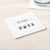 かわいいサボテンの緑の花 スクエアペーパーコースター (アングル)