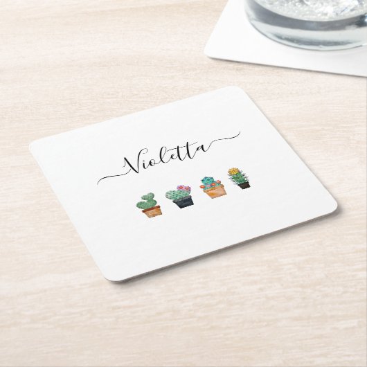 かわいいサボテンの緑の花 スクエアペーパーコースター (アングル)