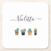 かわいいサボテンの緑の花 スクエアペーパーコースター (正面)