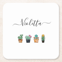 かわいいサボテンの緑の花 スクエアペーパーコースター