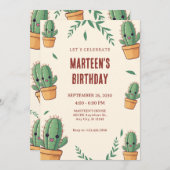 かわいいサボテンの誕生日 招待状 (正面/裏面)