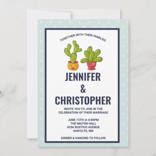 かわいいサボテンイラストレーション結婚ズ 招待状 (正面)