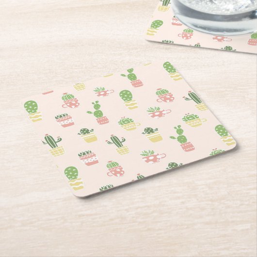かわいいサボテンパターン スクエアペーパーコースター (アングル)