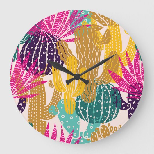 かわいいサボテンヴィンテージシームレスイラストレーション。 ラージ壁時計 (正面)