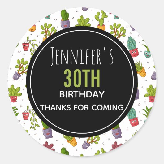 かわいいサボテン多肉柄パーティーありがとう ラウンドシール (正面)