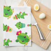 かわいいサボテン、グリーンサボテン、サボテン柄 キッチンタオル (四つ折り)