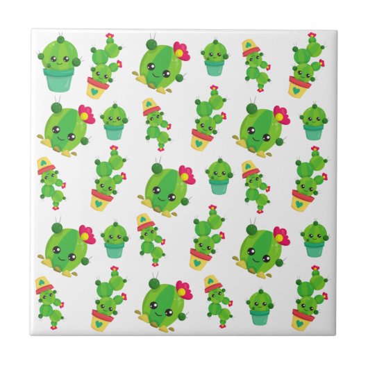 かわいいサボテン、グリーンサボテン、サボテン柄 タイル (正面)
