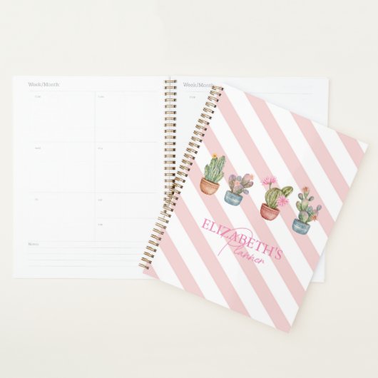 かわいいサボテン ピンク 白 ストライプ柄 プランナー手帳 (ディスプレー)