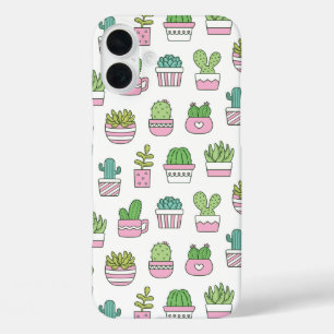 かわいいサボテン+多肉植物+植物の落書きパターン iPhone 16 PLUSケース