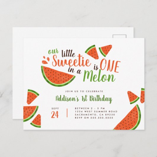 かわいいサマースイカをメロン誕生日 インビテーションポストカード (正面/裏面)