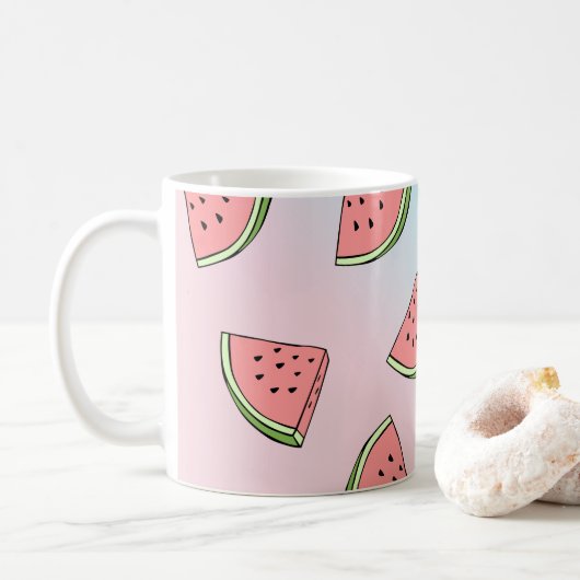 かわいいサマースイカ柄パステルピンク&ブルー コーヒーマグカップ (ドーナツ)