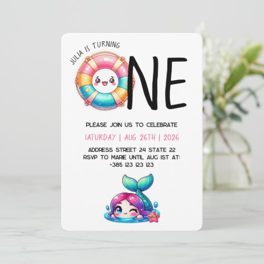 かわいいサマー1歳の誕生日パーティの招待状 招待状 (スタンド正面)