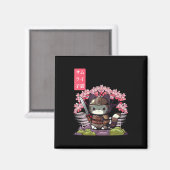 かわいいサムライ子猫とさくらんぼの花日本の マグネット (正面/裏面)