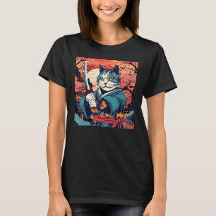 かわいいサムライ日本の猫タトゥーヴィンテージ歌舞伎 Tシャツ
