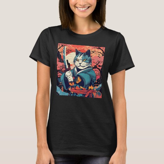 かわいいサムライ日本の猫タトゥーヴィンテージ歌舞伎 Tシャツ (正面)