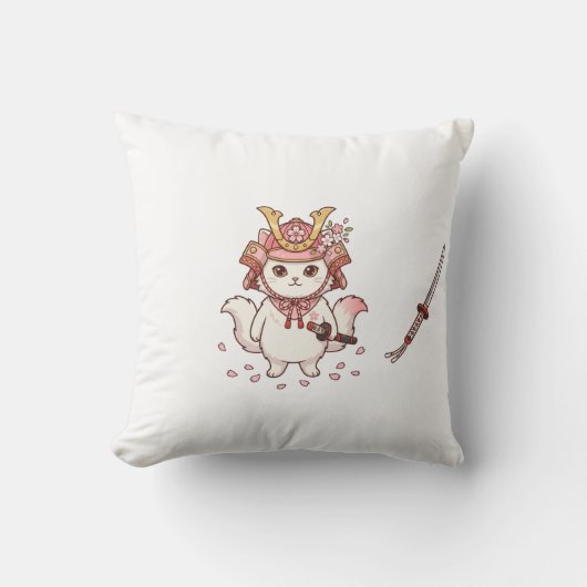 かわいいサムライ猫 桜色の兜 クッション (正面)