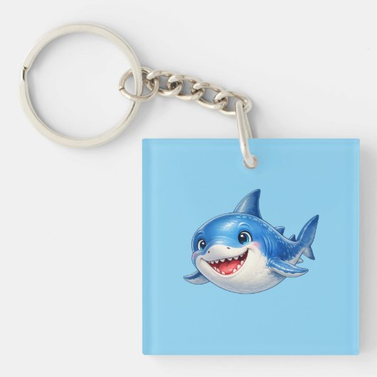 かわいいサメのイラスト 大きな目で幸せな表情の海洋動物 キーホルダー (正面)