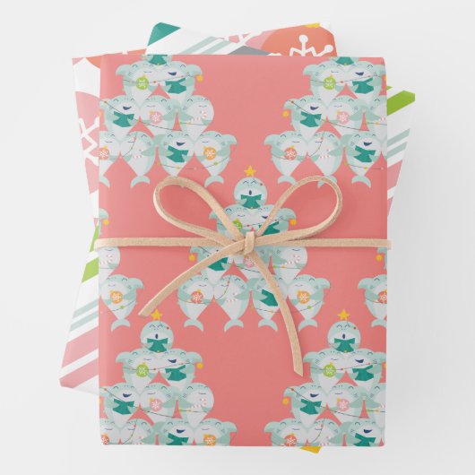 かわいいサメのクリスマスツリー ラッピングペーパーシート (インサイチュ)