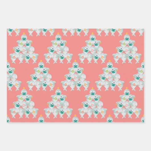 かわいいサメのクリスマスツリー ラッピングペーパーシート (正面)