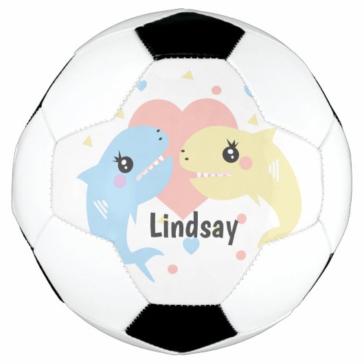 かわいいサメのパステルカラー モノグラム 名前 サッカーボール (正面)