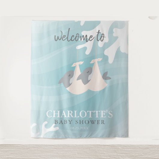 かわいいサメの双子 ベイビーシャワー タペストリー (正面)