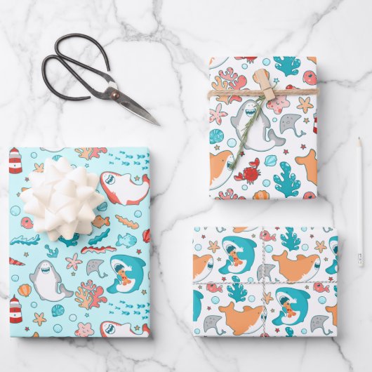 かわいいサメの柄 ラッピングペーパーシート (正面)