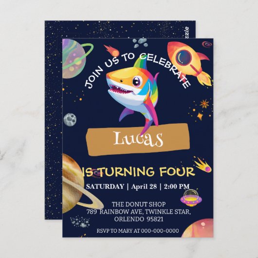 かわいいサメの虹色ギャラクシー宇宙誕生日パーティー ポストカード (正面/裏面)