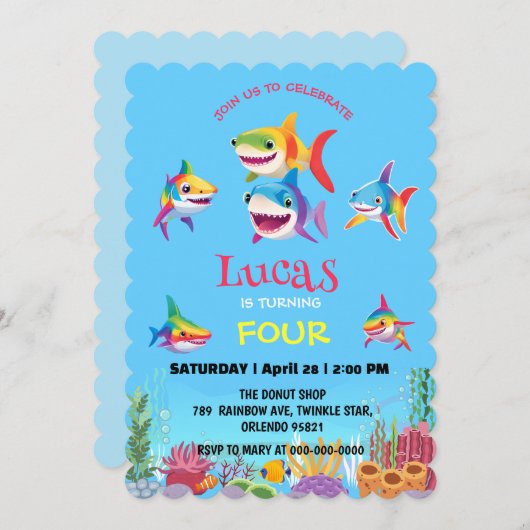 かわいいサメの魚の虹のカラフル誕生日パーティー 招待状 (正面/裏面)