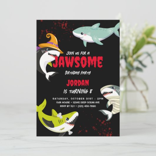 かわいいサメをテーマにした海ハロウィーンの衣装誕生日 招待状 (スタンド正面)