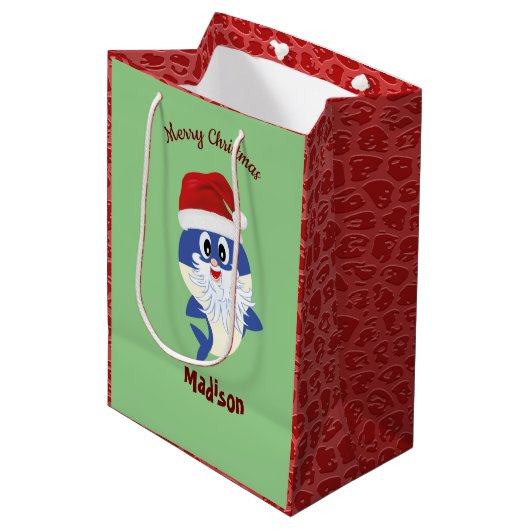 かわいいサメ🦈クリスマスキッズおもしろいすごい海 ミディアムペーパーバッグ (正面アングル)