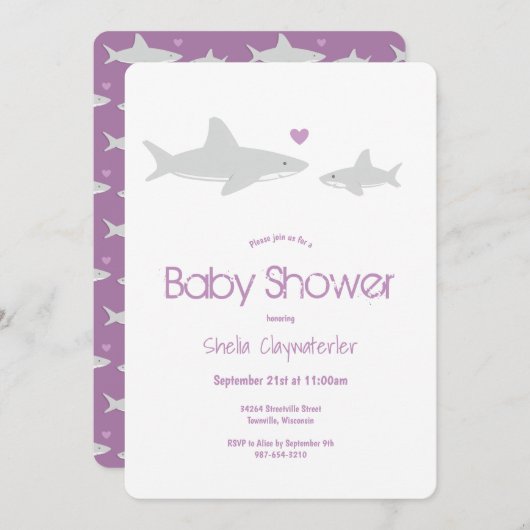 かわいいサメ動物紫色の赤ちゃんシャワー招待状 招待状 (正面/裏面)