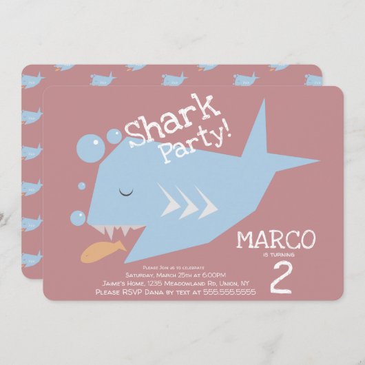 かわいいサメ幾何学魚任意の年齢誕生日赤面 招待状 (正面/裏面)