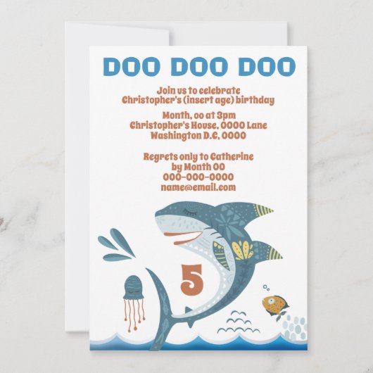 かわいいサメ漫画DIY年齢子供の誕生日パーティー 招待状 (正面)