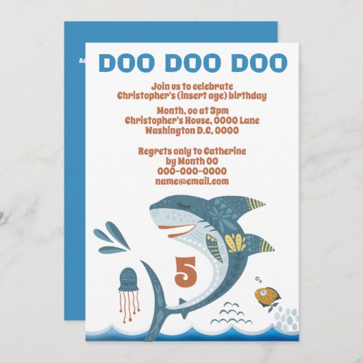 かわいいサメ漫画DIY年齢子供の誕生日パーティー 招待状 (正面/裏面)