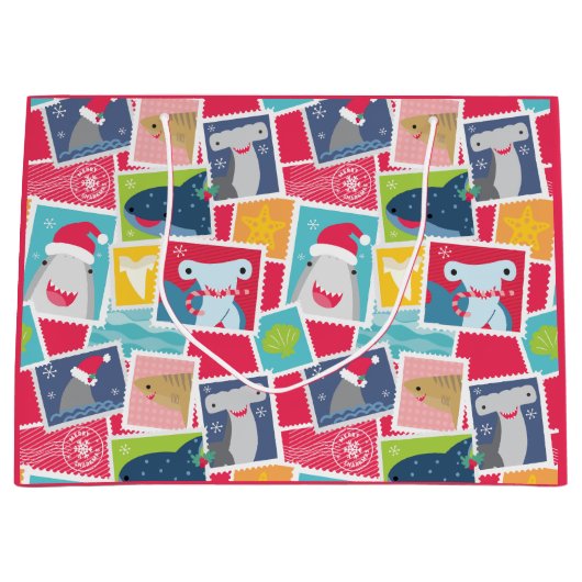 かわいいサメ種のクリスマス ラージペーパーバッグ (正面)