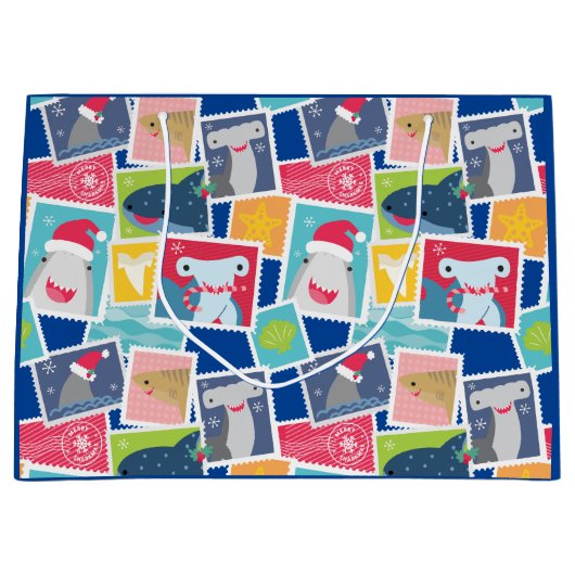 かわいいサメ種のクリスマス ラージペーパーバッグ (正面)