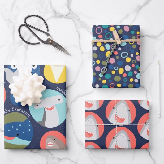 かわいいサメ種誕生日 ラッピングペーパーシート (正面)