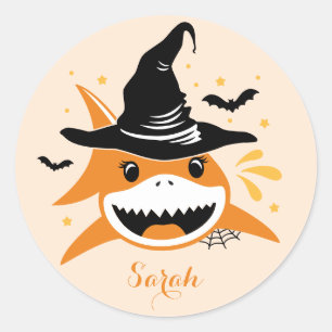 かわいいサメ ハロウィーン魔女 オーダーメイド名前 ラウンドシール