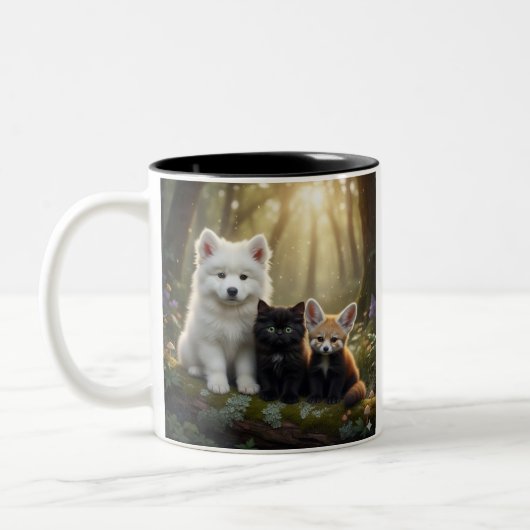かわいいサモエドの子犬と黒猫のマグカップ ツートーンマグカップ (左)
