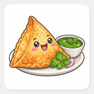 かわいいサモサステッカー、キュートなインド料理の切り抜きデザイン スクエアシール