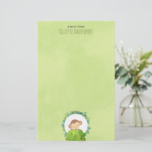 かわいいサルが茂みの背後から覗き込む|こんにちは 便箋 (スタンド正面)