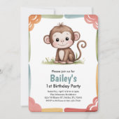 かわいいサルとジャングルの子供の誕生日パーティー 招待状 (正面)