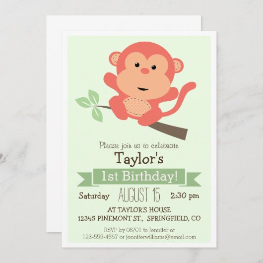 かわいいサルとジャングル動物キッドの誕生日パーティー 招待状 (正面/裏面)