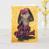 かわいいサルとパーティーハット新年カード カード (黄色い花)