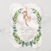 かわいいサルとユーカリの花輪のベビーシャワー 招待状 (正面/裏面)