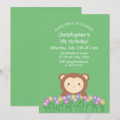 かわいいサルと花のセージグリーン子供の誕生日 招待状 (正面/裏面)