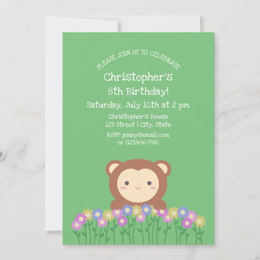 かわいいサルと花 サージグリーンの子供の誕生日 招待状 (正面)