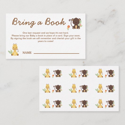 かわいいサルのキリンが赤ちゃんのシャワーで本を持ち込む エンクロージャーカード (正面/裏面)